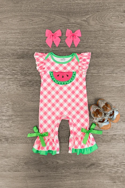 women's shift dressesPink Plaid Watermelon Ruffle Romper