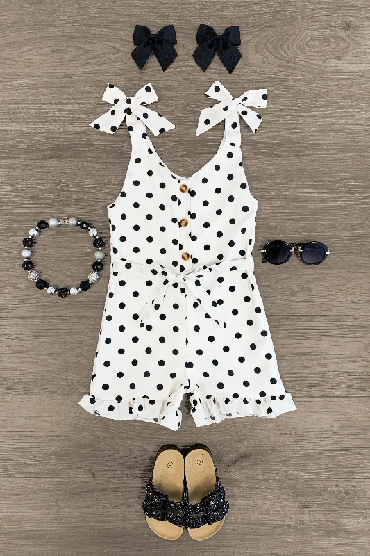 women's solid color dressesWhite Polka Dot Tie Shoulder Romper