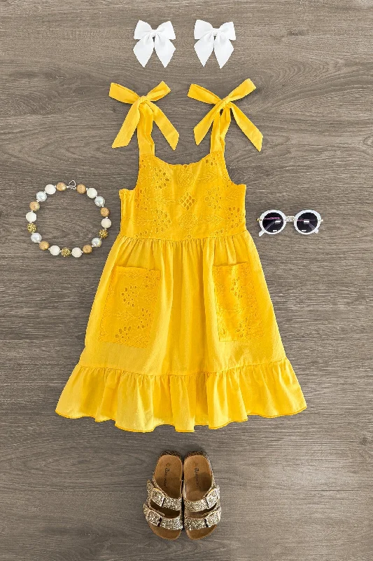 Lace DressYellow Eyelet Tie Shoulder Dress