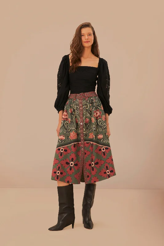 women's pajama-style formal skirtsArabesque Floral Green Buttons Midi Skirt