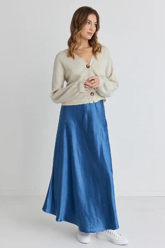 women's adventure-ready evening skirtsHaven Petrol Satin Floaty Bias Cut Maxi Skirt