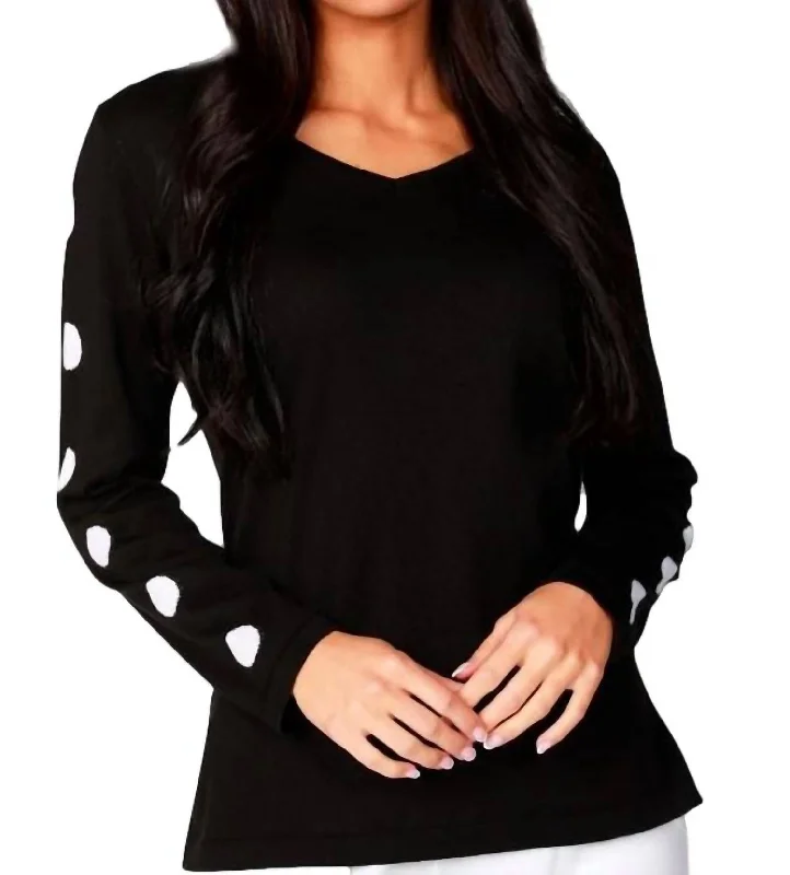 Flannel Patterned Cashmere SweatersLong Sleeve Dot Neck Top In Black/white