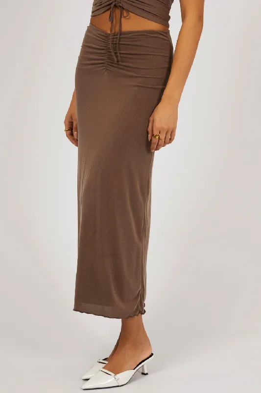 women's button-down skirtsLuxe Brown Ruched Front Maxi Skirt