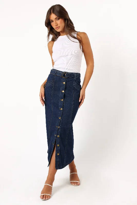 women's fitted skirtsMelody Belted Denim Midi Skirt - Mid Wash