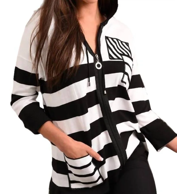 Retro Stylish Flannel SweatersMulti Stripe Sleeve Hooded Cardigan In Black/multi