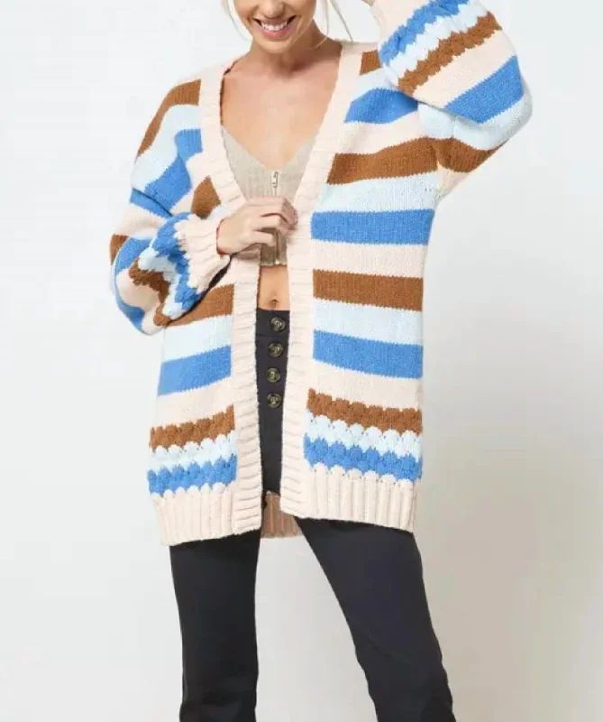 Oversized Cardigan SweatersMulticolor Striped Open-Front Cardigan In Blue/cream/brown/light Blue