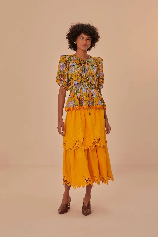 women's wrap skirtsYellow Mustard Tiered Lace Midi Skirt