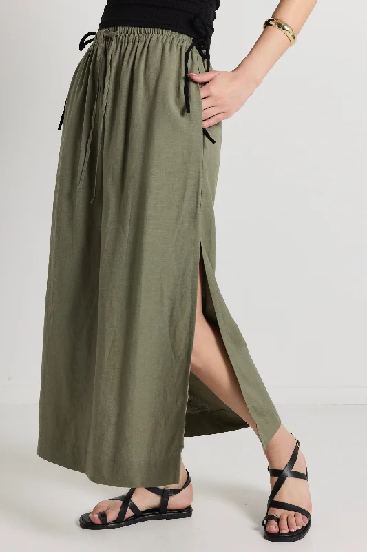 women's elegant skater skirtsNotion Khaki Linen Blend Side Split Midi Skirt