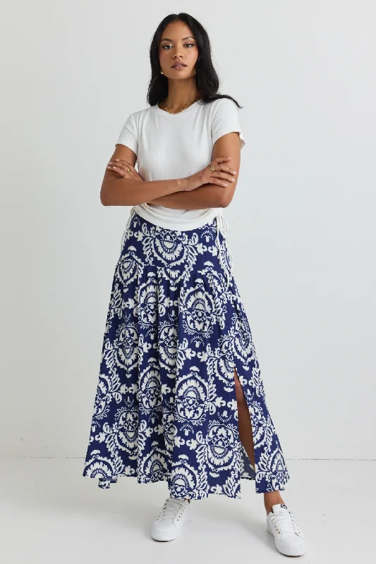 women's high-waisted skirtsPisces Navy Tile Print Tiered Split Front Maxi Skirt