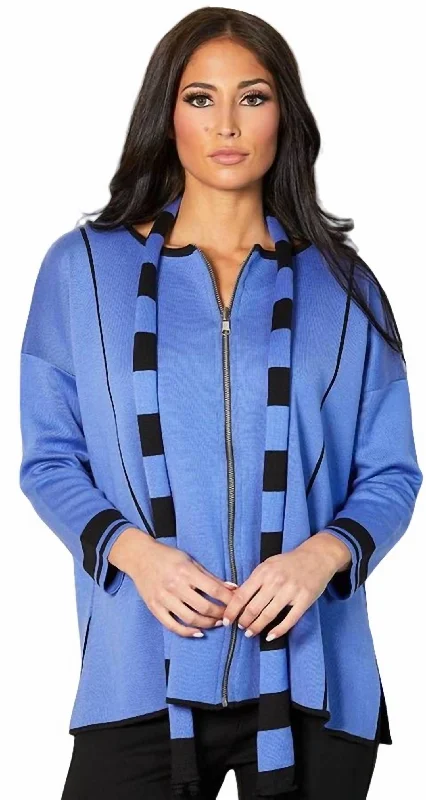 Thick Turtle-Neck Wool SweatersReversible Zip Poncho With Stripe Scarf In Periwinkle