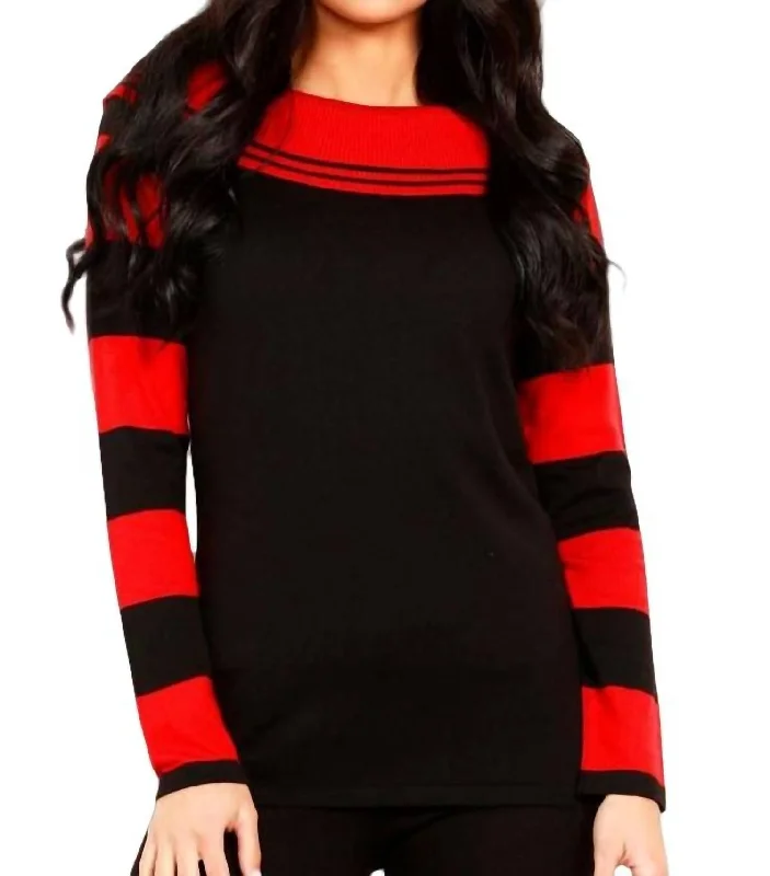 Casual SweatersStripe Cowl Neck Sweater In Black/red