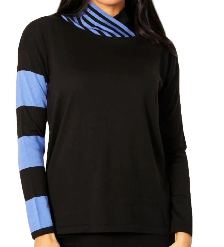 Turtle-Neck Wool SweatersStripe Funnel Neck Sweater In Black/periwinkle