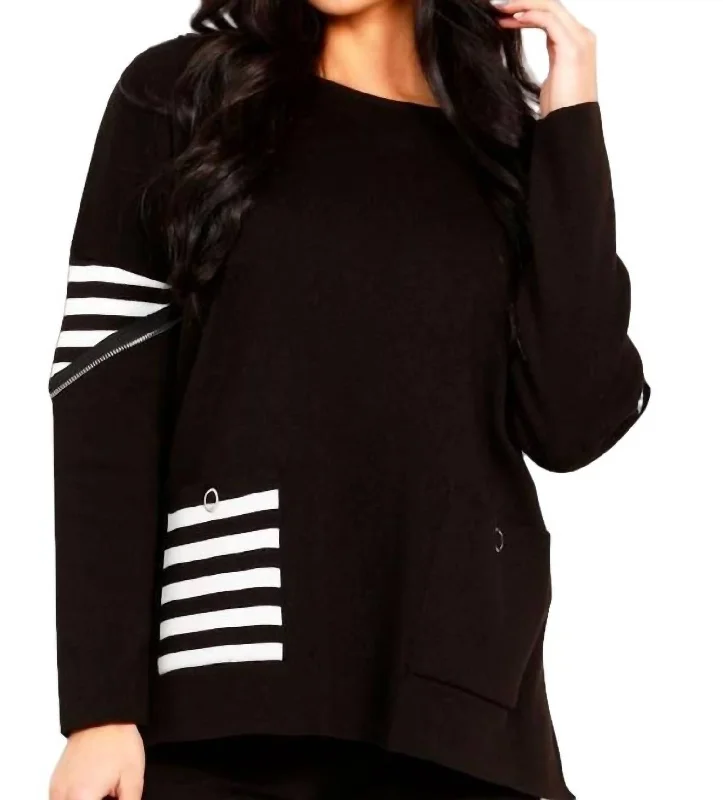 Quick-Dry Wool SweatersStriped Pocket Poncho In Black/white