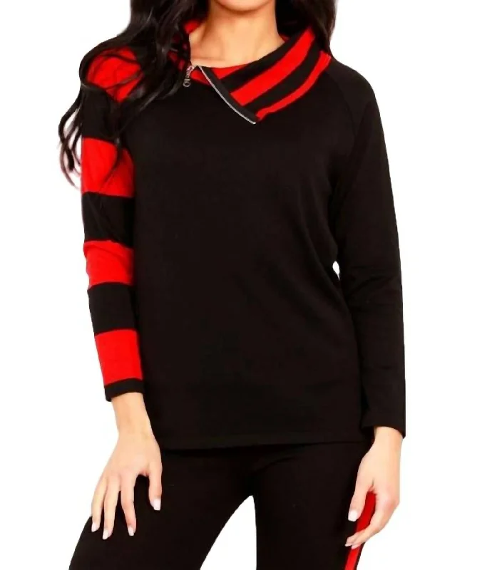 Funky Hooded SweatersStriped Zip Neck Sweater In Black/red