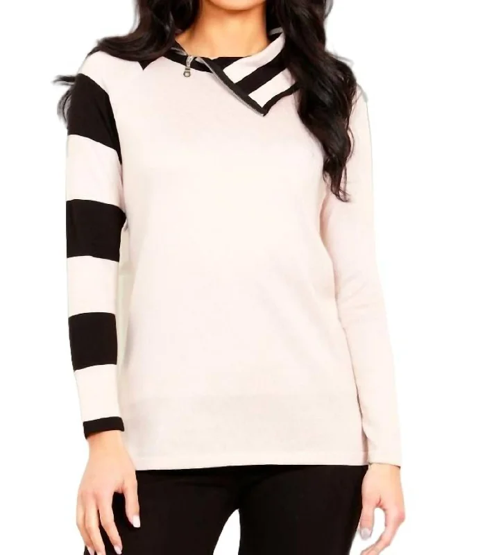 Soft SweatersStriped Zip Neck Sweater In Stone/black