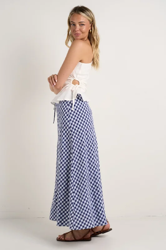 women's linen skirtsSummit Navy Gingham Tie Waist Bias Maxi Skirt