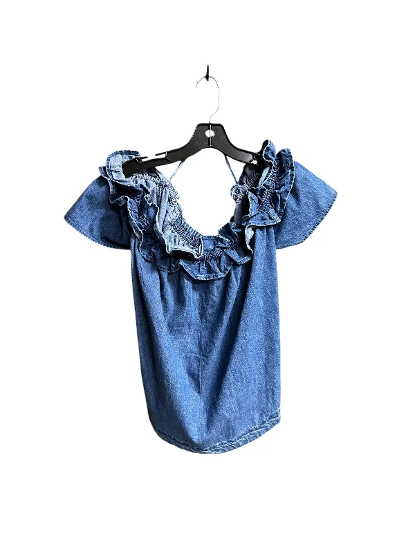 women's tops with embroidery detailsTop Short Sleeve By Free People In Blue Denim, Size: M