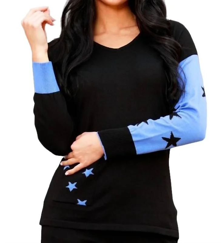 Plus-Size Pullover Chunky SweatersV-Neck Sweater With Stars In Black/periwinkle