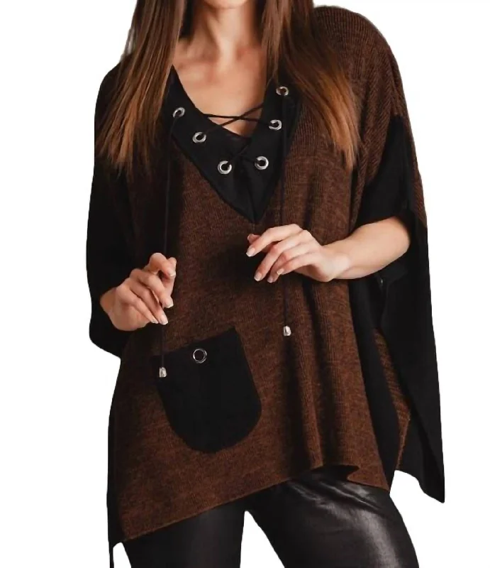 Trendy Vintage Flannel SweatersV-Neck Tie Up Poncho In Brown